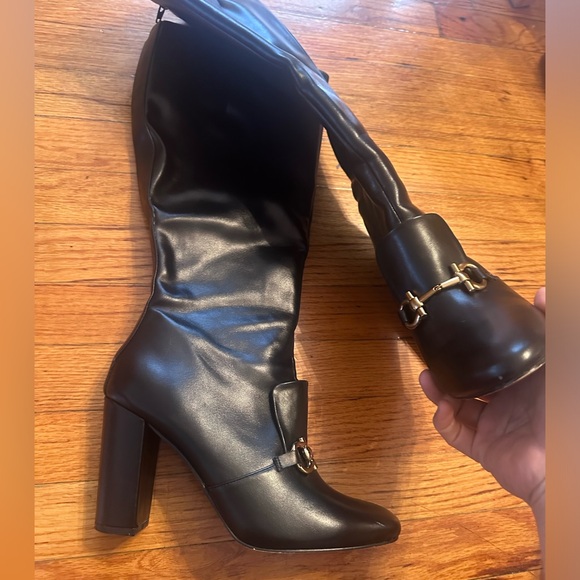 HORSEBIT BUCKLE KNEE HIGH BOOTS GOLD BUCKLE BLOCK HEEL BOOTS FAUX LEATHER VEGAN - Picture 5 of 16